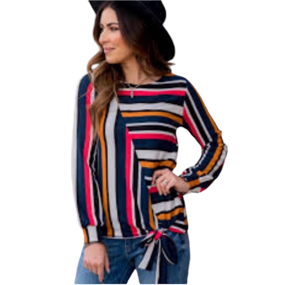 Flamingo Abstract Striped Tie Bottom Knit Tunic Top Size M